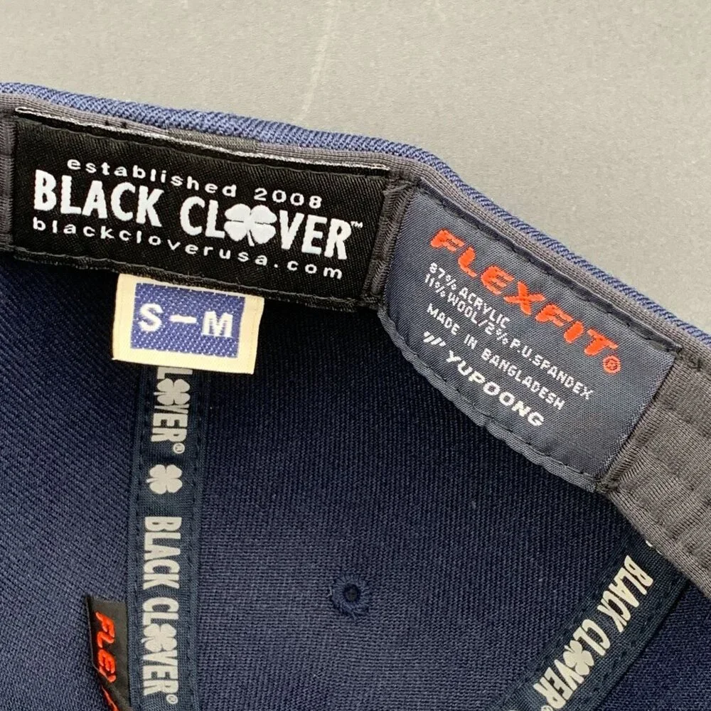 Rawlings Black Clover Hat Flat Bill Leather Patch Navy Blue Acrylic Wool S/M New